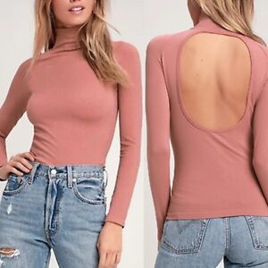 Free People blush pink cut out back turtleneck bodycon long sleeve top size XS/S